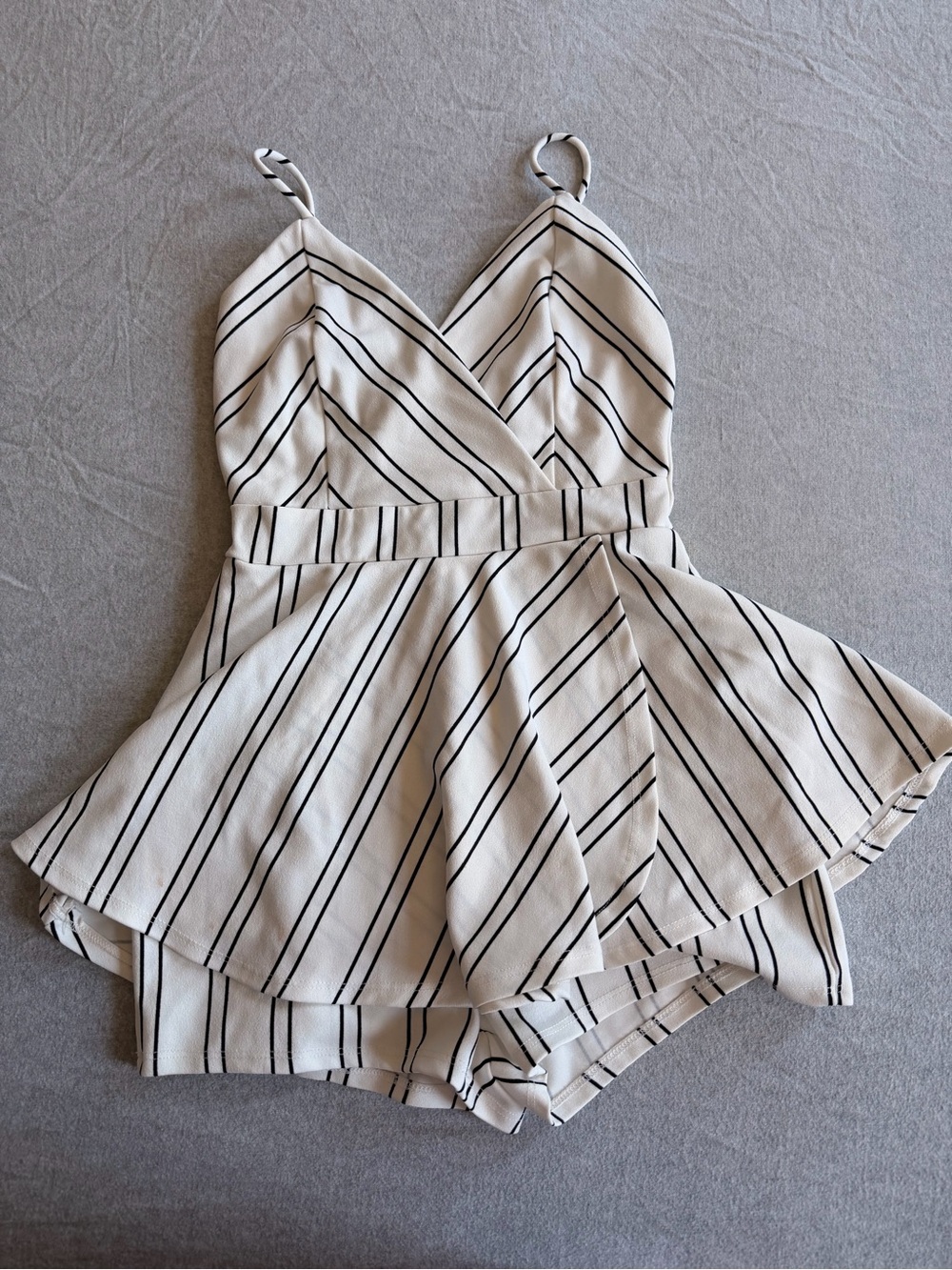 Striped Cream and Black Sleeveless Wrap Romper